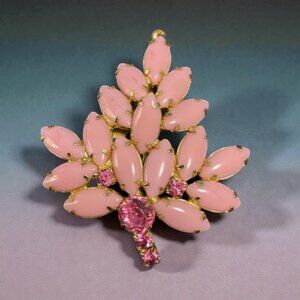 Vintage Opaque Pink, Milk Glass & Pink Rhinestone Leaf Brooch